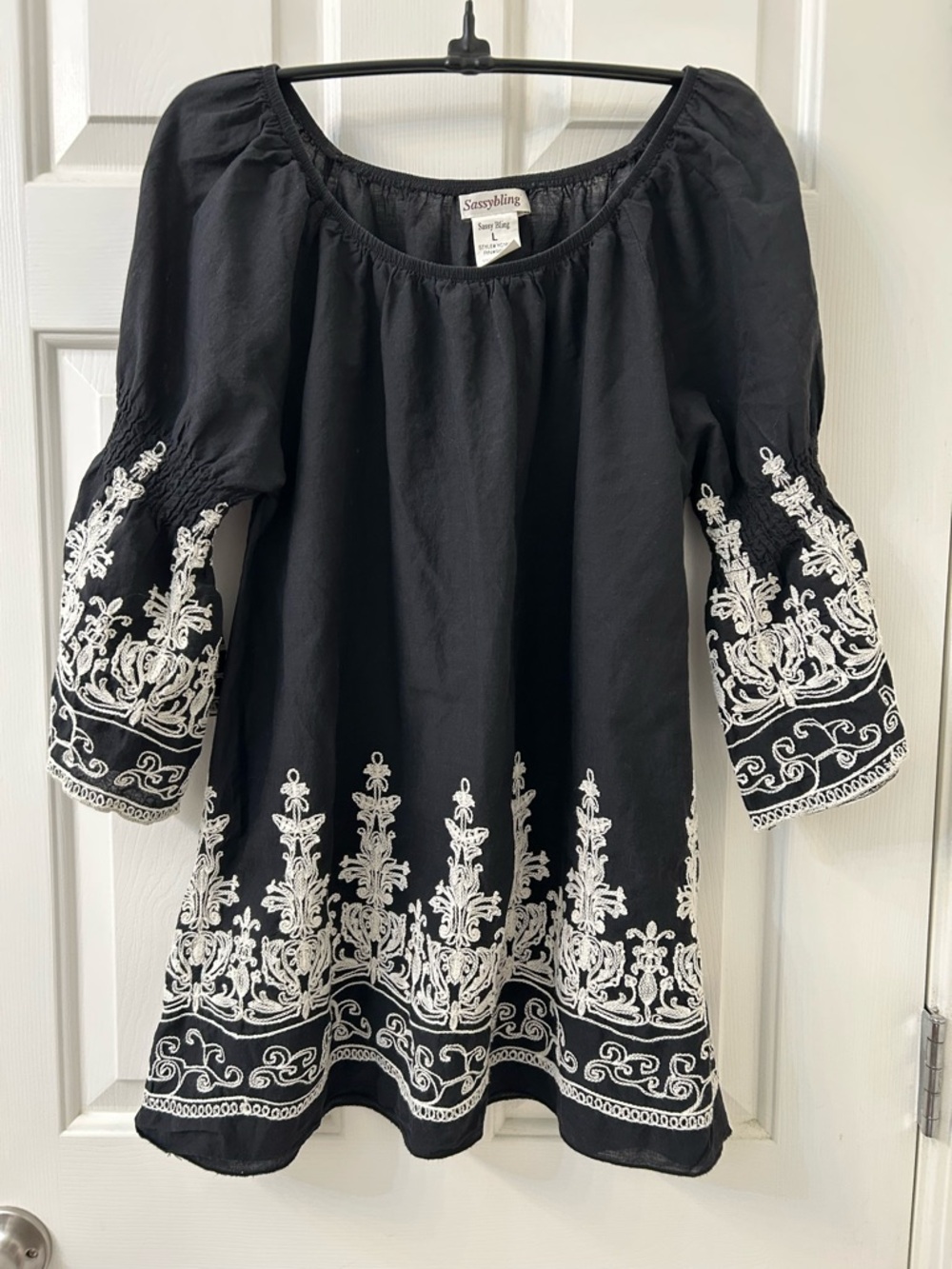 100% Cotton Sassybling Black Embroidered Peasant Tunic